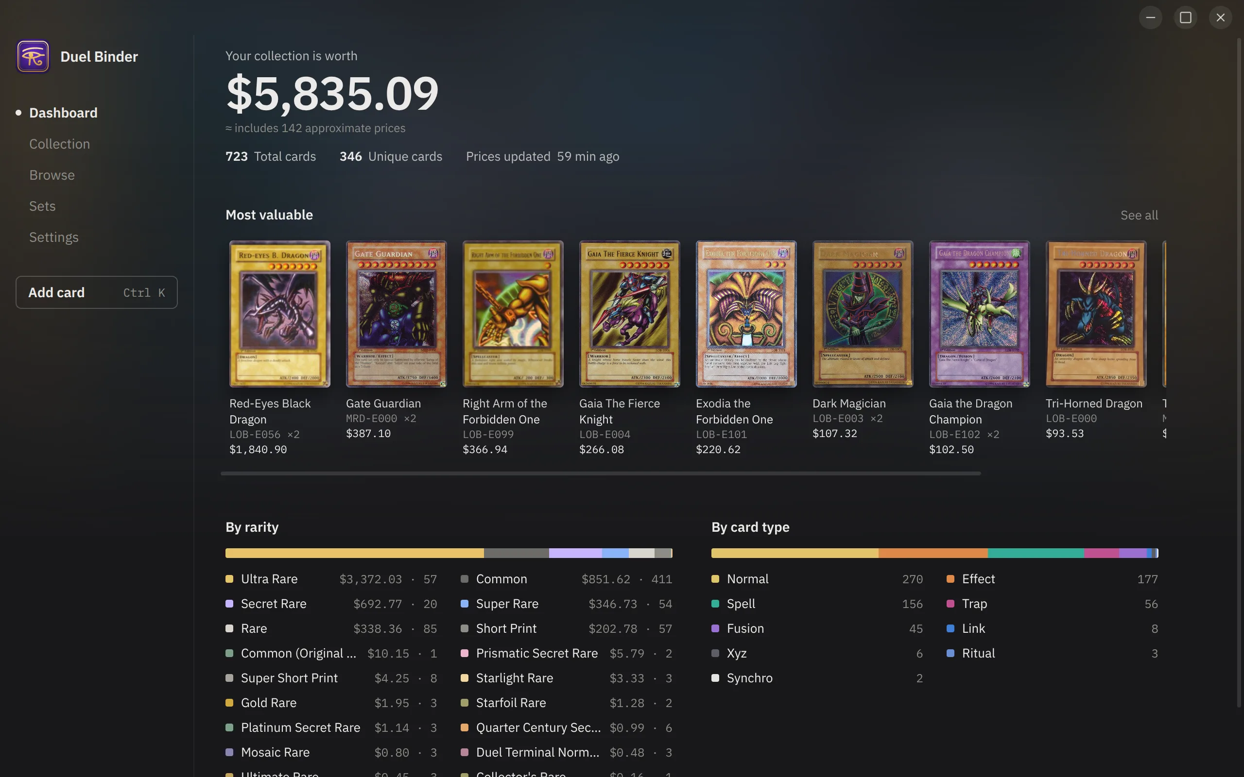 The Dashboard page: the total value of the collection over time, with card counts and the most valuable cards.