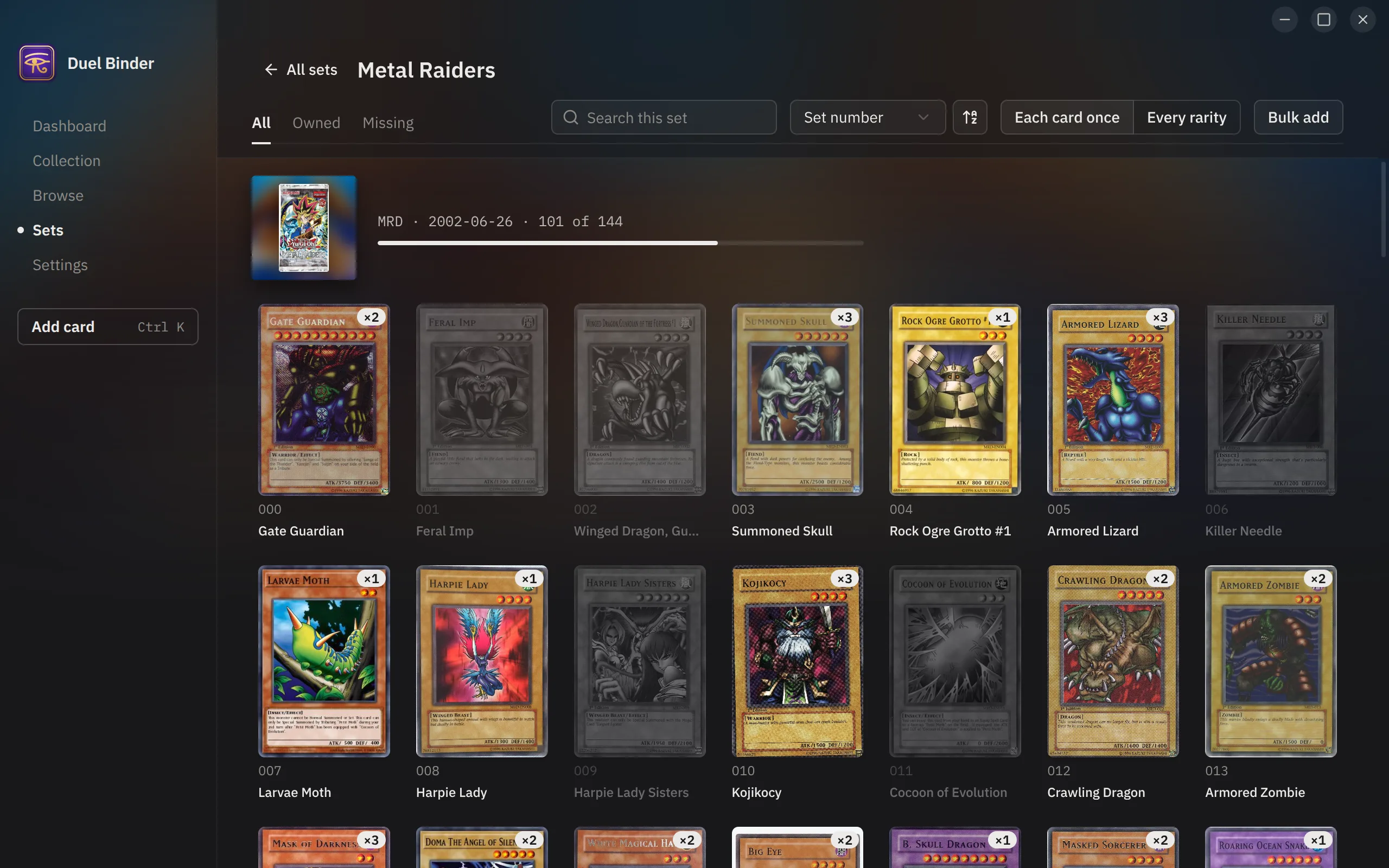The Sets page showing Metal Raiders with 101 of 144 cards owned; the cards still missing are greyed out.